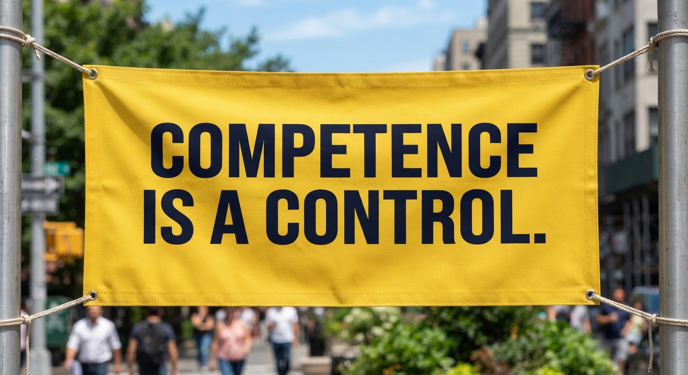 A vibrant yellow banner reading "COMPETENCE IS A CONTROL." in bold black uppercase letters, strung outdoors between metallic poles against a blurred urban background.
