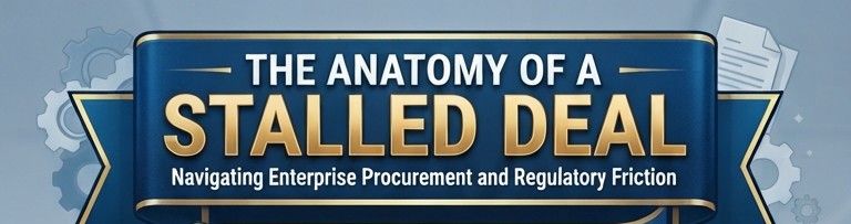 An infographic flowchart titled "The Anatomy of a Stalled Deal: Navigating Enterprise Procurement and Regulatory Friction," showing six sequential stages from initial champion engagement and procurement bottlenecks to budget freezes and final stalled status.