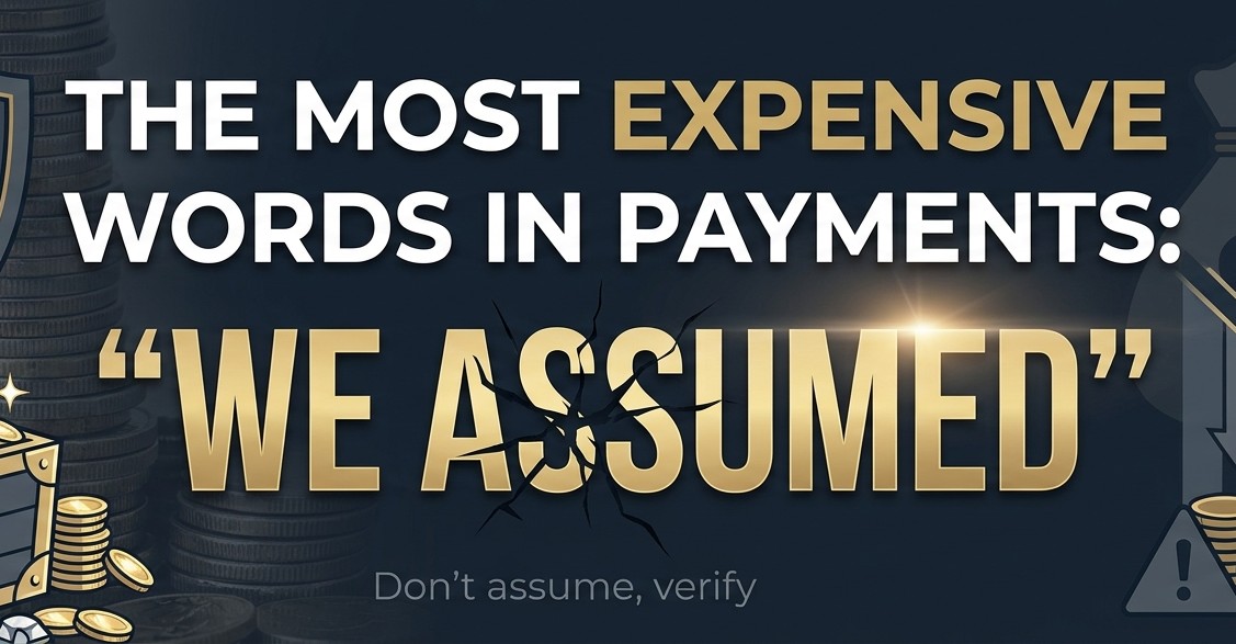 Alt Text High-contrast header banner featuring the text "The Most Expensive Words in Payments: 'WE ASSUMED'" set against a dark background with payment, security, and finance graphics.